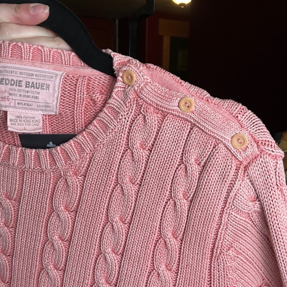 Eddie Bauer Pink Cable Knit Sweater Women Medium Cotton Button Shoulder Vintage